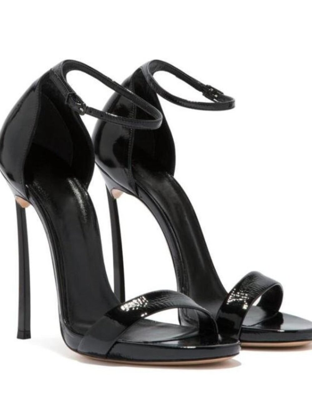 Vocosi Black Stiletto Sandals Size 7 Patent Open Toe Ankle Strap 4.5" Heel NIB